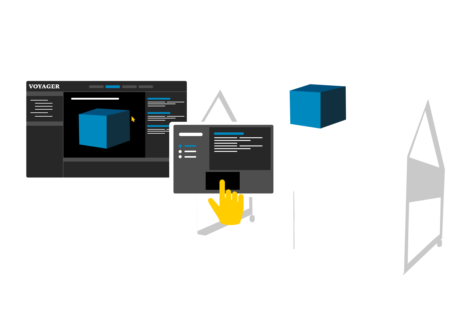 dessin représentant l'application voyager et son utilisation dans une borne holographique